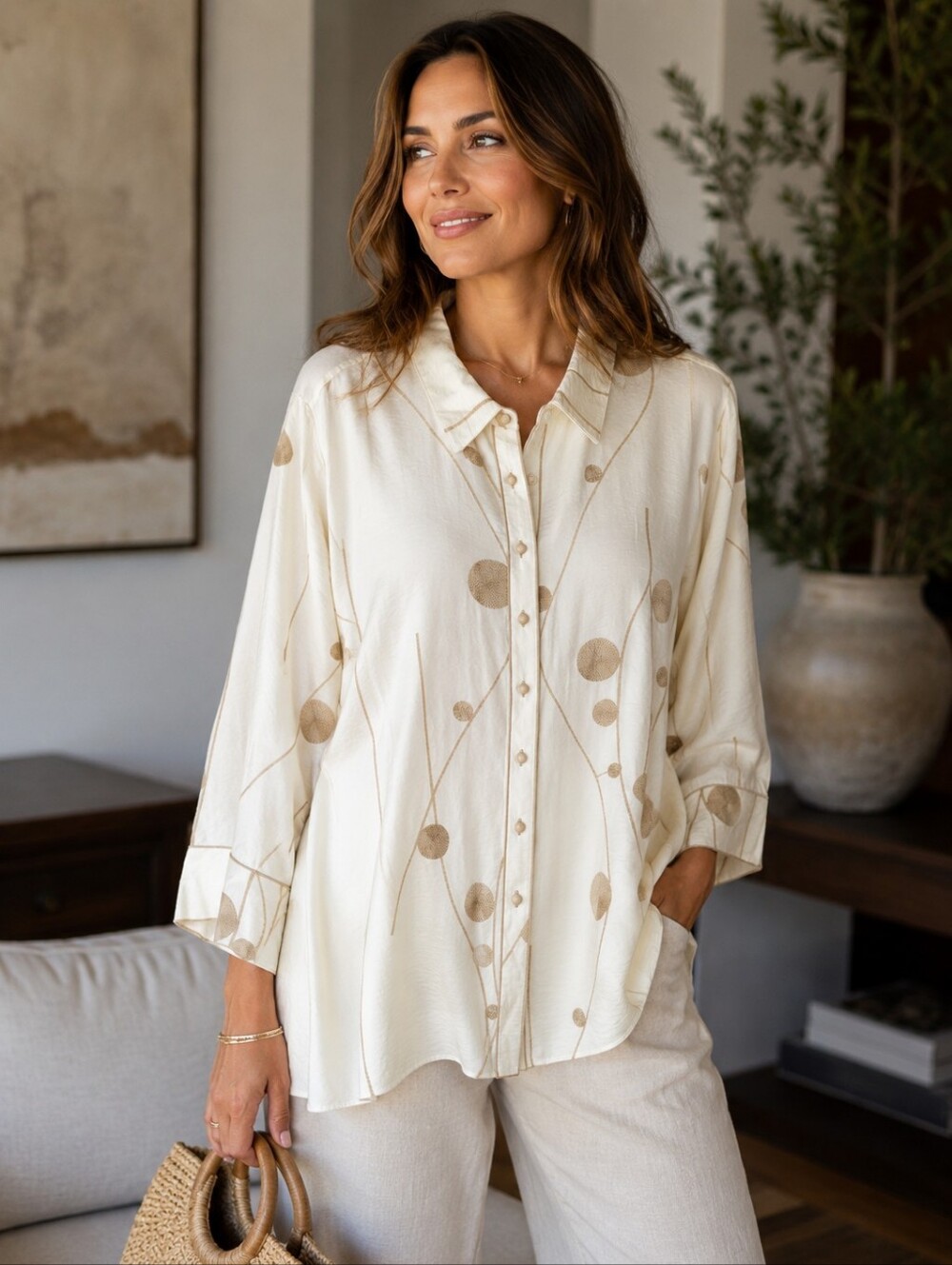 MULTIPLES WOMEN'S BLOUSE 2X Circular Light Brown Embroidery Buttons Retail $73